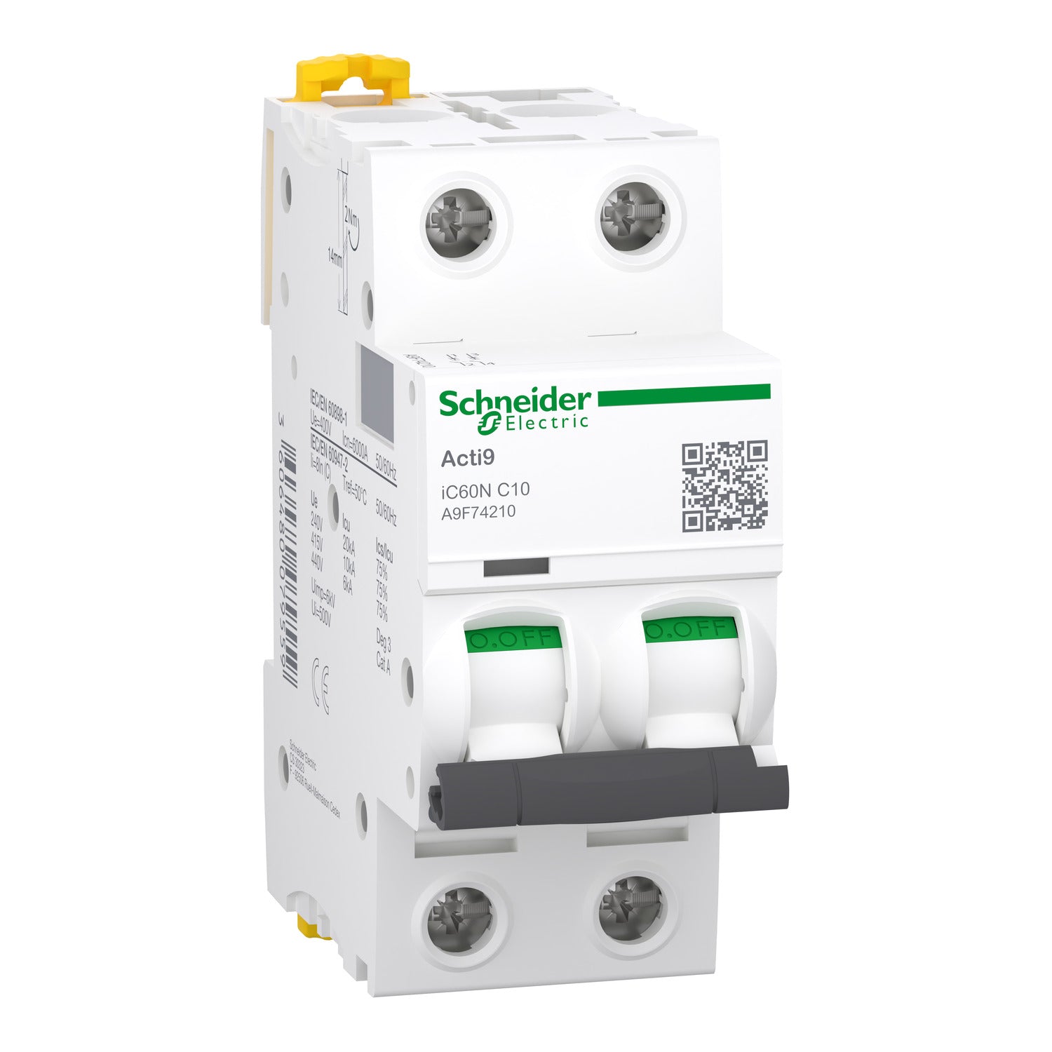 Disjoncteur, Acti9 iC60N, 2P, 10 A, courbe C, 6000 A , 10 kA SCHNEIDER
