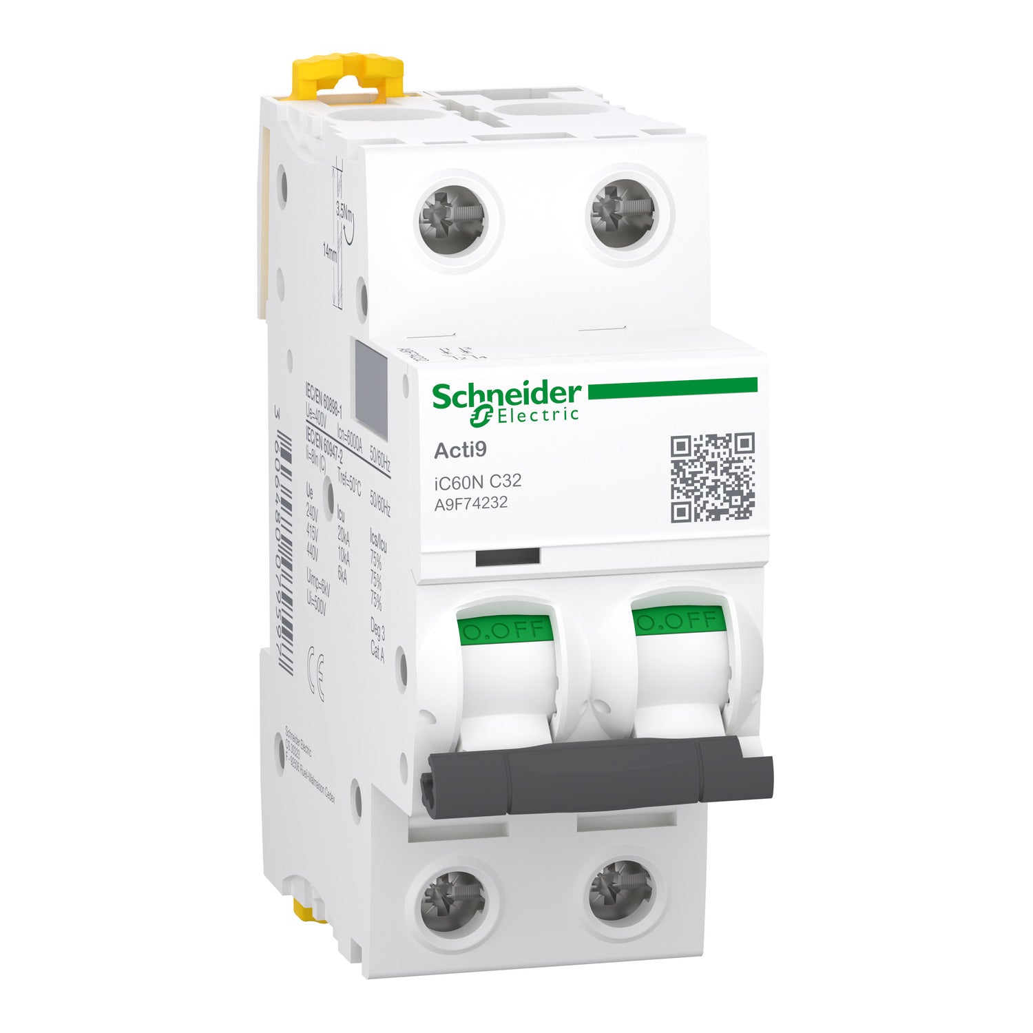 Disjoncteur, Acti9 iC60N, 2P, 32 A, courbe C, 6000 A , 10 kA SCHNEIDER