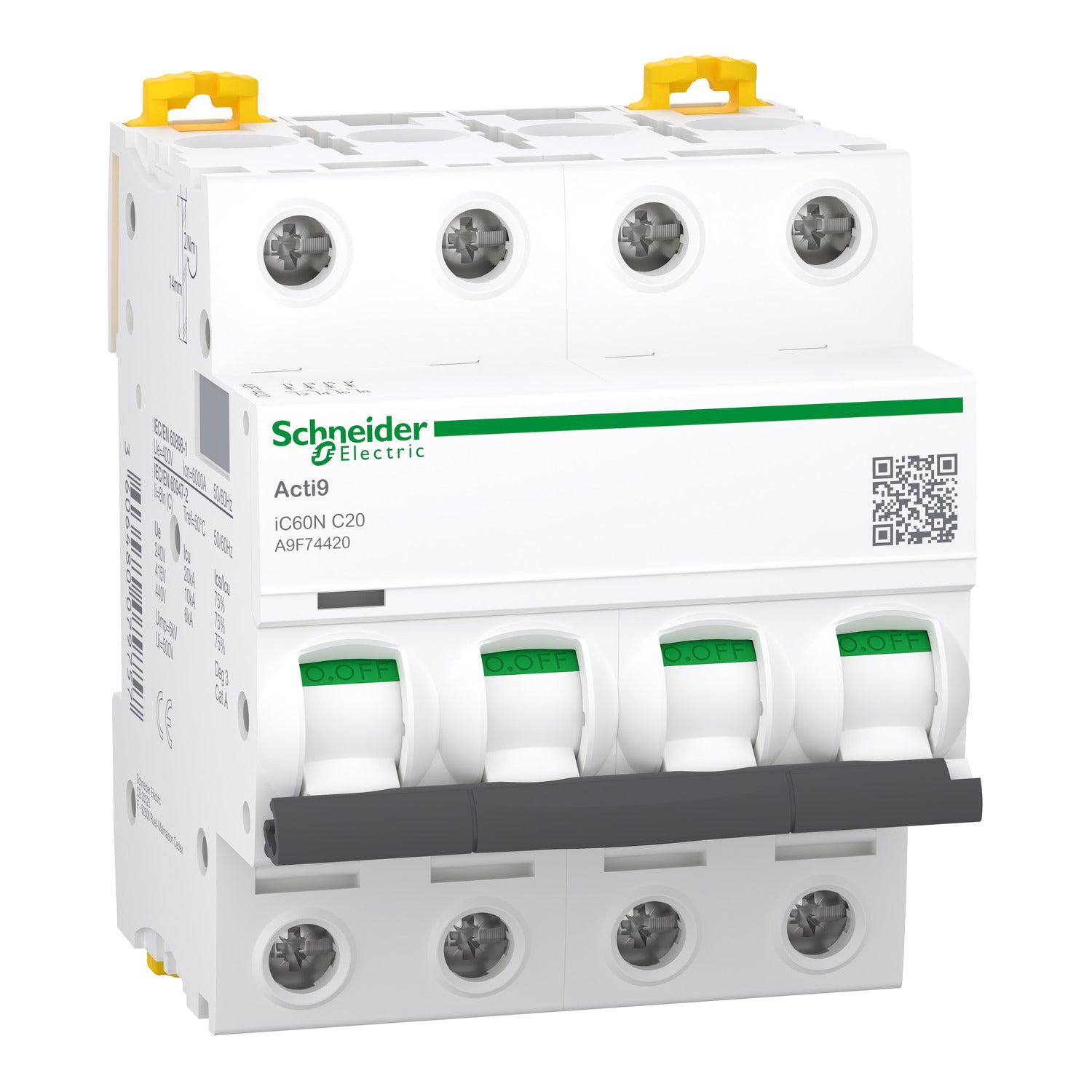 Disjoncteur, Acti9 iC60N, 4P, 20 A, courbe C, 6000 A , 10 kA SCHNEIDER