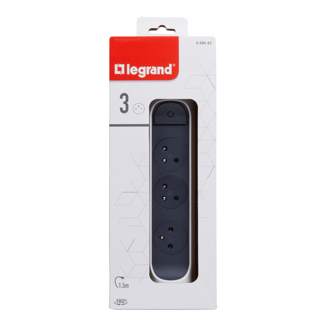 Rallonge multiprise rotative avec 3 prises de courant Surface , interrupteur et cordon 1,5m - blanc et gris foncé legrand