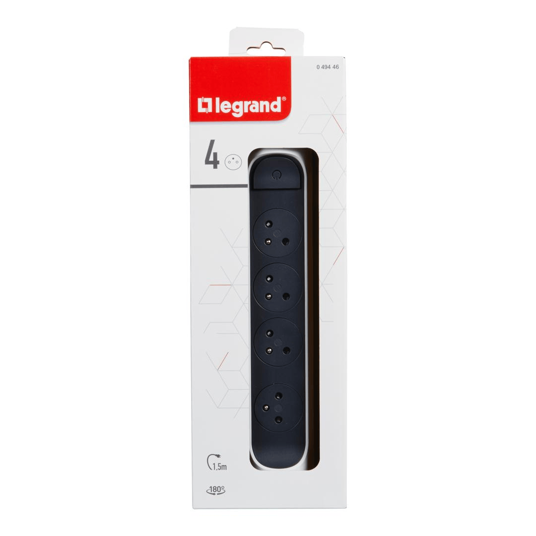 Rallonge multiprise rotative avec 4 prises de courant Surface , interrupteur et cordon 1,5m - blanc et gris foncé Legrand