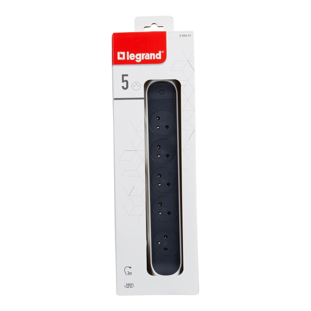 Rallonge multiprise rotative avec 5 prises de courant Surface , interrupteur et cordon 3m - blanc et gris foncé Legrand