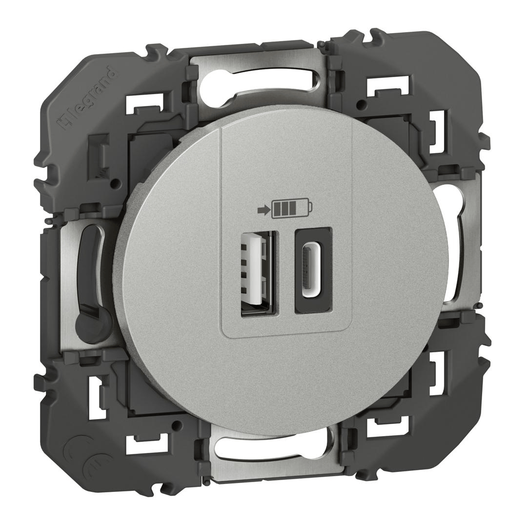 Double prise USB 1 Type-A + 1 Type-C dooxie 3A finition alu