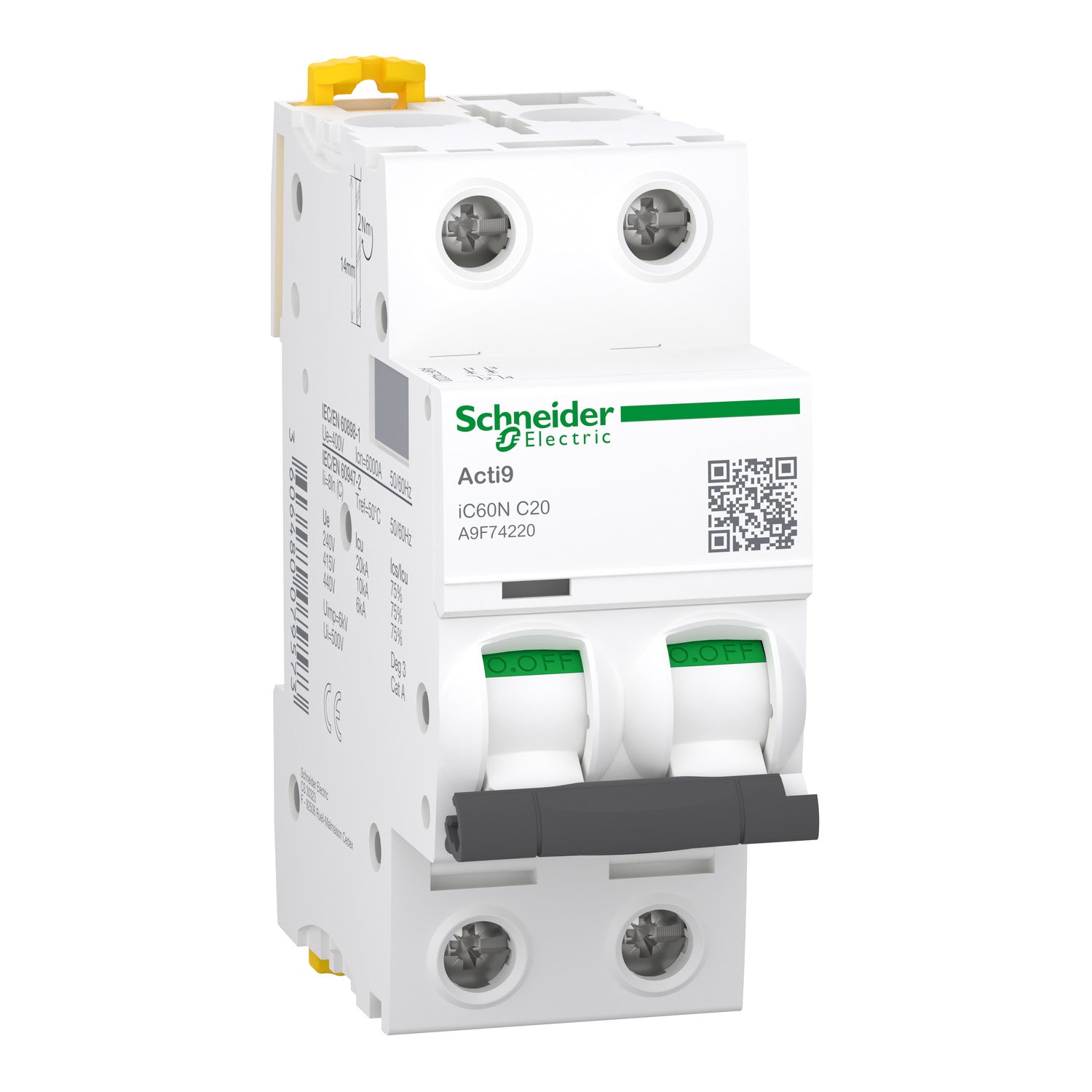 Disjoncteur, Acti9 iC60N, 2P, 20 A, courbe C, 6000 A , 10 kA SCHNEIDER