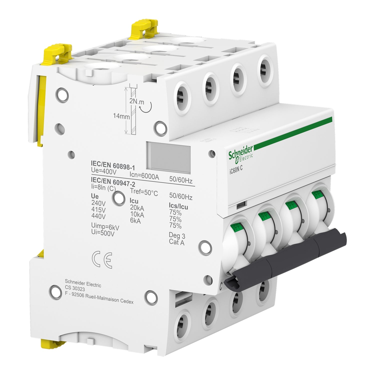 Disjoncteur, Acti9 iC60N, 4P, 10 A, courbe C, 6000 A , 10 kA SCHNEIDER