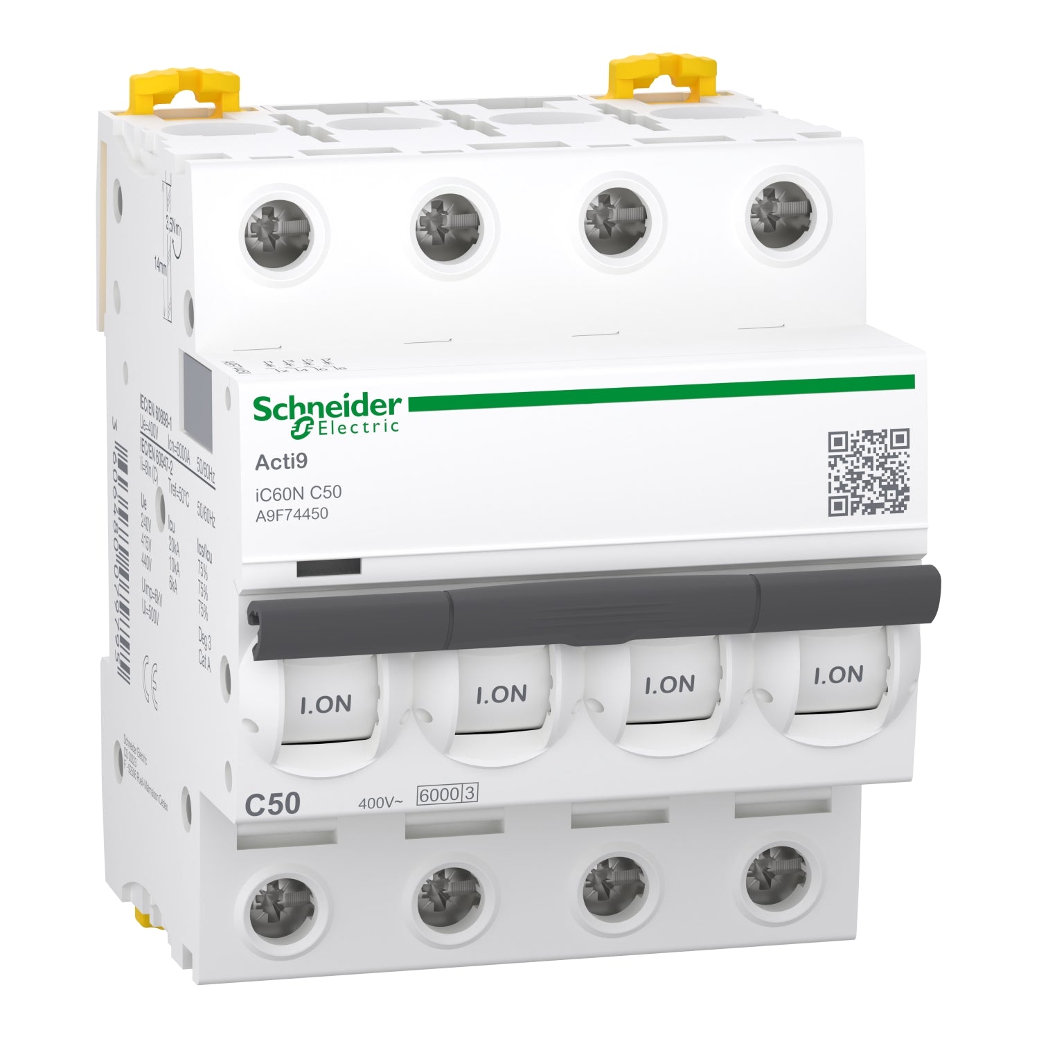 Disjoncteur, Acti9 iC60N, 4P, 50 A, courbe C, 6000 A , 10 kA SCHNEIDER