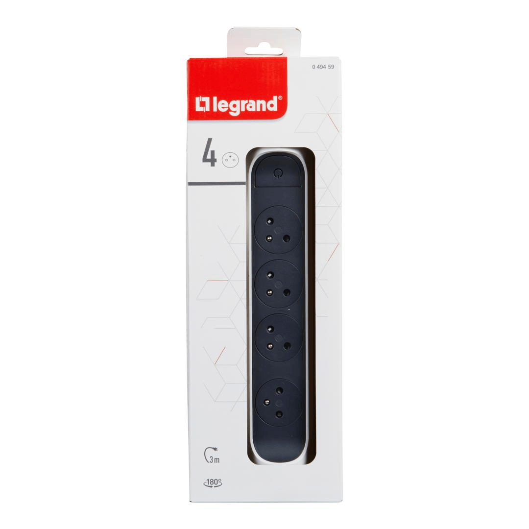 Rallonge multiprise avec bloc rotatif de 4 prises 2P+T Surface , interrupteur et cordon longueur 3m - blanc et gris foncé L egrand