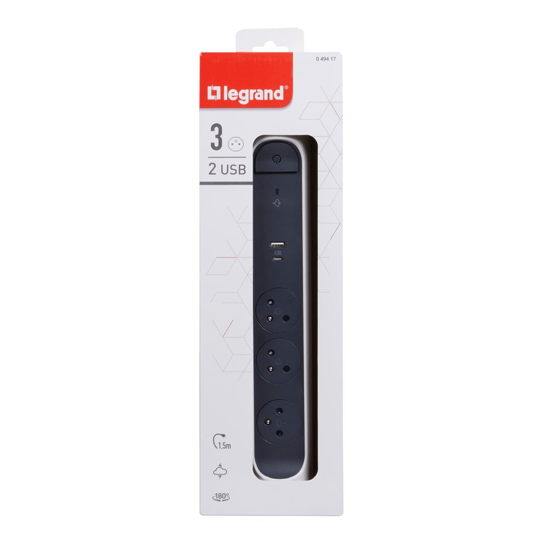 Rallonge multiprise avec bloc rotatif de 3 prises 2P+T Surface , interrupteur , parafoudre , USB Type-A + Type-C - blanc et gris foncé