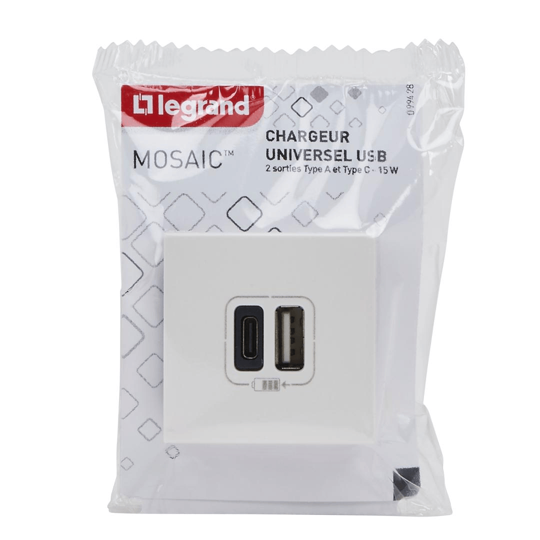 Prise USB double Mosaic – 1 USB‑A + 1 USB‑C – 3A / 15W – 2 modules – Blanc Legrand