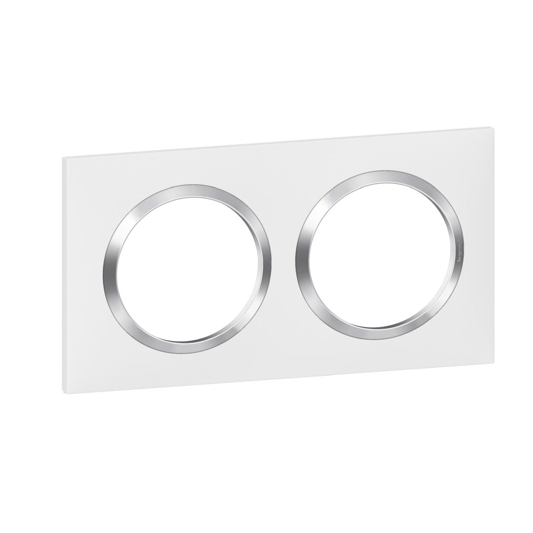 Plaque carrée dooxie 2 postes blanc avec bague effet chrome Legrand